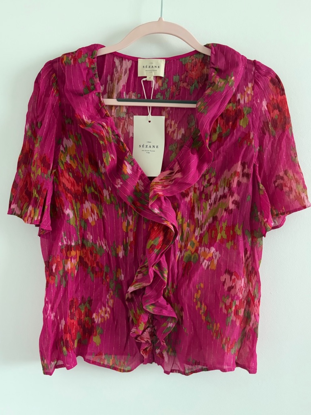 Sezane Fuchsia Floral Ruffle Short-Sleeve Blouse